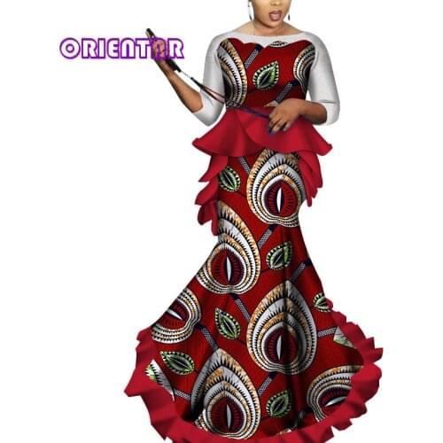 African Dresses for Women Dashiki Dress with White Lace Sleeve Ruflles Elegant Lady Robe Party Plus Size 6XL WY3464