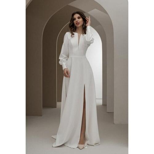 Ivory Satin Long Sleeves V-Neck Floor-Length A-Line Wedding Dresses Custom Made Split Skirt Bridal Gowns