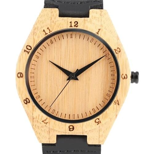 Crreative Minimalist Natural Bamboo Wood Watch Handmade Wristwatch Mens Black Genuine Leather Band Quartz Wrist Watch Male Gift
