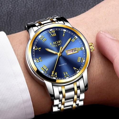 Watches Mens 2019 Fashion Quartz Gold Clock LIGE Brand Top Luxury All Steel Men Wristwatch Waterproof Date Week Dial Watch+Box