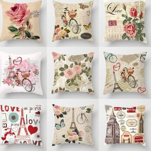 Retro Pink Rose Eiffel Tower Floral Cushion Covers Vintage Postage Pillowcase Hot Lovers Couch Pillows Case for Livingroom Decor