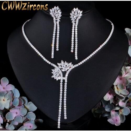 CWWZircons Dubai CZ Stone Long Dangle Drop Bridal Tassel Earring Necklace Set for Wedding Party Costume Jewelry Accessories T466