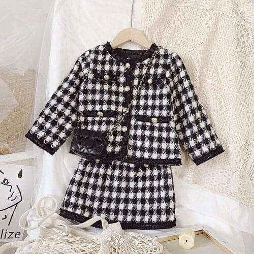 Teenage Girls Clothing Set 2021 Autumn Winter Fashion Plaid Jackets+Skirt Houndstooth Children Single-Breasted Woolen Coat Suit