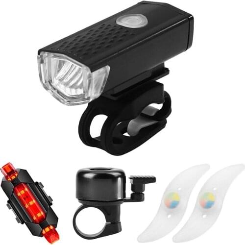 USB Rechargeable Bike Light Set Waterproof Bicycle XPE LED Spoke Headlight Tail Cycling Safety Warning Light Flashligh with Bell