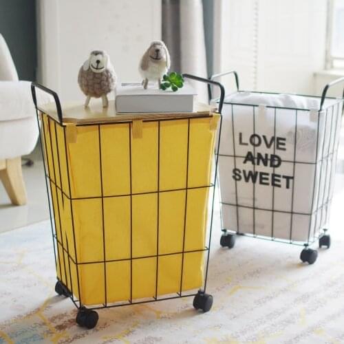 Wrought iron hamper Nordic wheel storage basket with lid bathroom balcony storage barrel lined waterproof