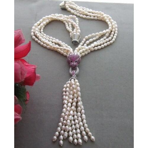 Beautiful 5Strds Pearl&zircon Pendant Necklace 18"