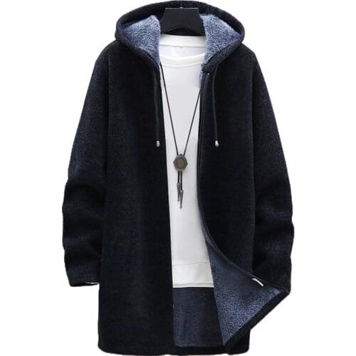 Men Autumn Winter Long Sleeve Plush Liner Sweater Zipper Knitted Coat Cardigan trend cotton Tops male youth Warm Plush Hooded