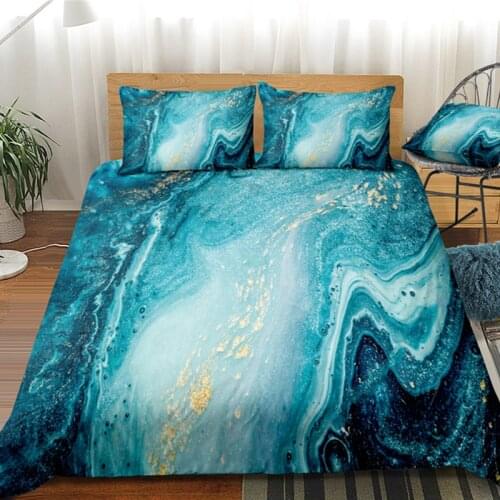 Ocean Blue Green Marble Bedding Set 2/3 Pcs Faux Gold Glitter Quicksand Duvet Cover Pillowcase Fluid Painting Art Chic Bed Set