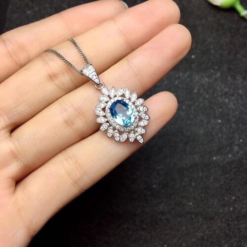 Natural stone Sky Blue Topaz Pendant Round Cut Solid 925 Sterling Silver Jewelry Not Include the Chain