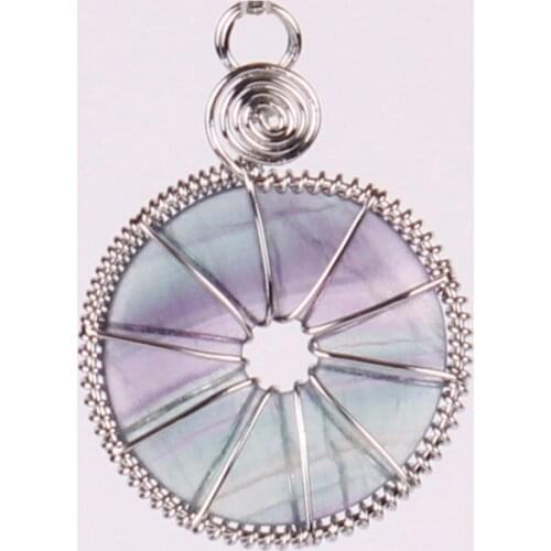 2016 Latest Wire Wrapped Pink Quartz Crystal Green Aventurine Flourite Flat Round Beads Stone Ping Buckle Natural Charm Pendants