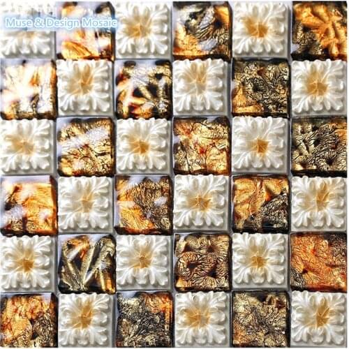 2017 New Carving Wthie Flower Puzzle Art Golden Glass Mosaic Tile, bathroom background wall tile 3D wallpaper Wall Sticker