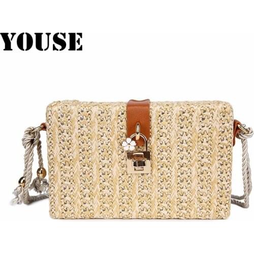 YOUSE Brand 2021 New Ladys Straw Woven Cotton Rope Small Square Bag Literary Style Single Shoulder Bag Casual Woven Ladys Bag