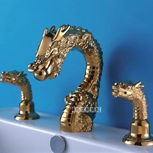 New Arrival Chinese Auspicious Dragon Faucet Q19 Basin Faucet Gold-plated Double Handle Three - hole Ceramic Basin Art faucet
