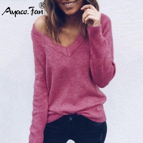 Sexy Deep V-Neck Soft Sweater 2019 Fashion Women Sweaters and Pullovers Sueter Mujer Full Sleeve Solid Slim Elastic Women Tops