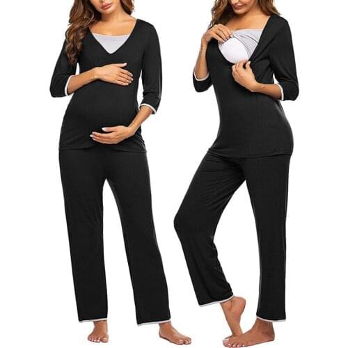 Maternity Pajama Set Long Sleeve Nursing Clothes Breastfeeding Adjustable Waist Pants Thin Soft Thermal Pregnancy Costume Suit