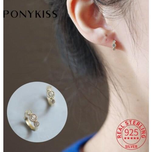 PONYKISS Trendy 100% 925 Sterling Silver Round Hoop Zircon Earrings 14K Gold For Women Punk Party Fine Jewlry Drop Shipping