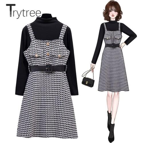 Trytree 2020 Autumn Winter Two Piece Women Set Turtleneck Elastic Basic Top + Sling Dress Knee-Length Office Lady 2 Piece Suit