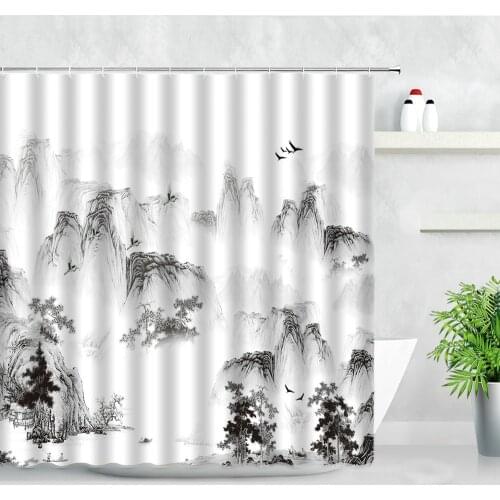 Chinese Style Ink Painting Landscape Shower Curtains Forest Mountain Natural Scenery Waterproof Bathroom Decor Bath Curtain Set