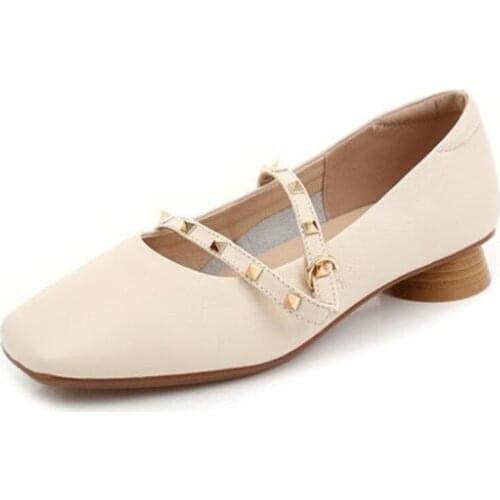 2020 Summer New Square Head Shallow Women Shoes Breathable Genuine Leather Shoes Soft Comfortable Fashion Casual Low-heel Shoes