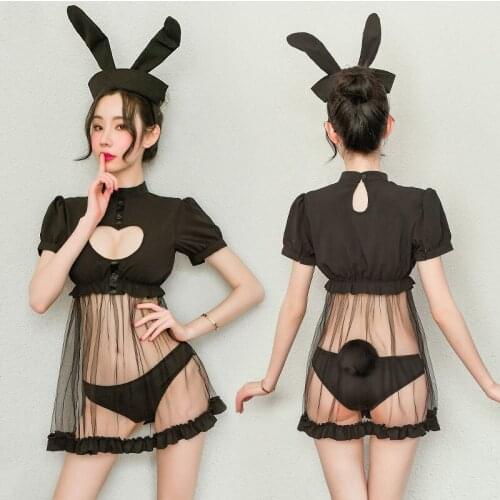 Women Kawaii Love Heart Hollow Out Chest Bunny Girls Cosplay Dress Sexy Transparent Chiffon Nightwear Cute Nurse Erotic Lingerie