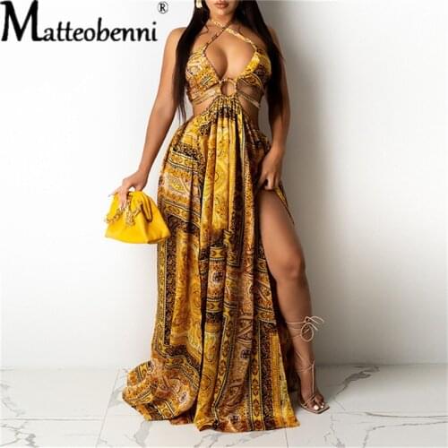 Sexy Halter Ladies Dress Large Size Women Sleeveless Lace Up Hollow Fashion Printed Irregular Split Large Swing Long Dress 2021