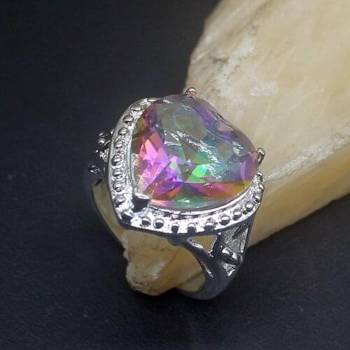 Hermosa Rainbow Mystical Topaz Heart Genuine 925 Silver Unique Band Ring Wedding Engagement Gifts for Women Size 7.5# 20214037