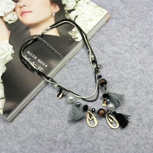 Bohemian New Women Pearl Crystal Necklace Tassel Beads Geometric Pendant Charm Necklace Fashion Jewelry Multilayer Sweater Chain