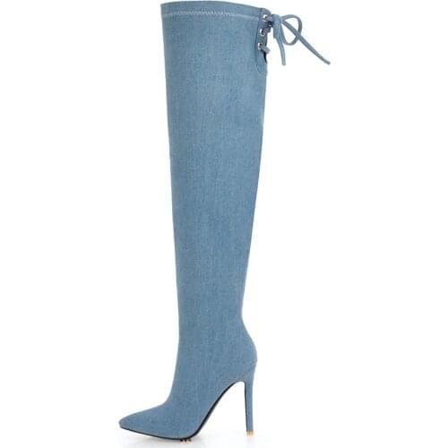 Winter For Woman Fashion Sexy Pointed Toe Shoes Jeans boots Zipper Clear Heels Boots Stilettos Heels Over The Knee Boots 33-47
