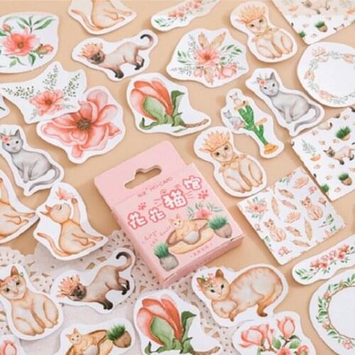 46Pcs Box Stickers Orange cat pink flower Sticker Hand account scrapbook decoration Skateboards Luggage Phone Toys Stickers 4cm