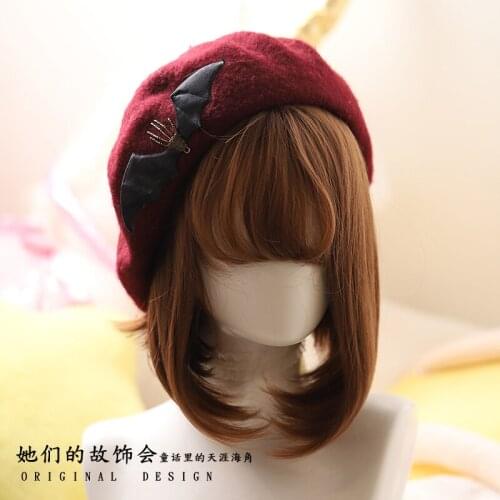 Dark Black series Lolita Beret Gothic Lolita Demon Bat Bat Wing With skull hand Painter Hat Lolita Baked Cake Cap Autumn Winter