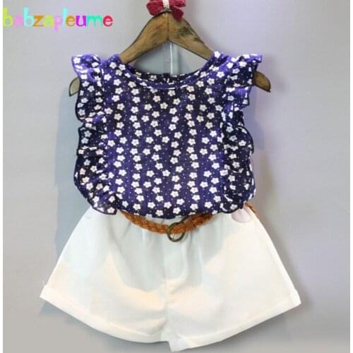 2PCS/2-6Years/Summer Kids Clothes For Baby Girls Outfits Sleeveless Blue T-shirt+Shorts With Belt Children Clothing Sets BC1249