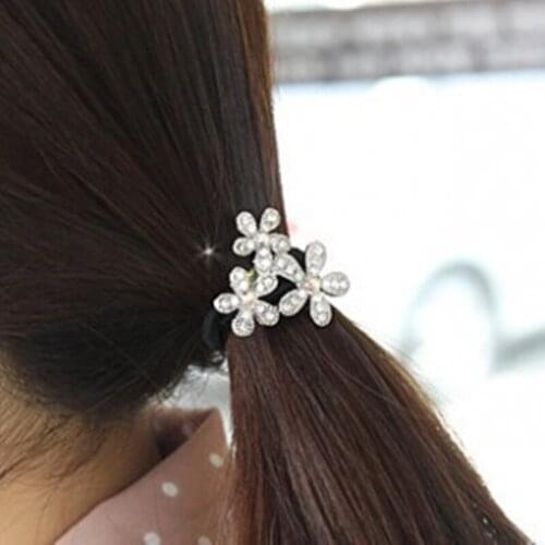 Hot Korean jewelry wholesale Crystal three flower head flower hair rope temperament ball hair ring Tousheng Free shipping