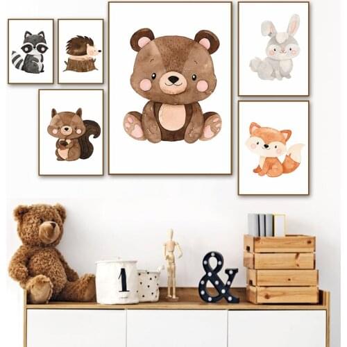 Cute Squirrel Bear Rabbit Fox Raccoon Hedgehog Wall Art Canvas Painting Nordic Posters And Prints Wall Pictures Kids Room Decor