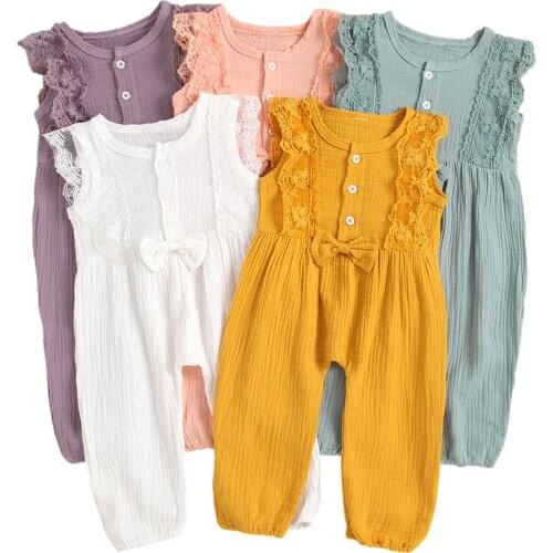 2021 New Kids Summer Siamese Trousers Solid Color Lace Trim Henley Neck Sleeveless Jumpsuit for Girls 2-6 Years