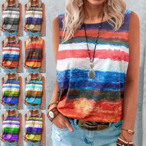 2021 Summer New Casual Loose Round Neck T-Shirt Gradient Contrast Vest Plus Size Pullover Tank Tops Women Clothing