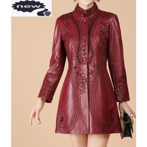 Autumn Genuine Leather Jacket Women Hollow Out Embroidery Slim Sheepskin Coat Office Lady Medium Long Windbreaker Plus Size 6XL
