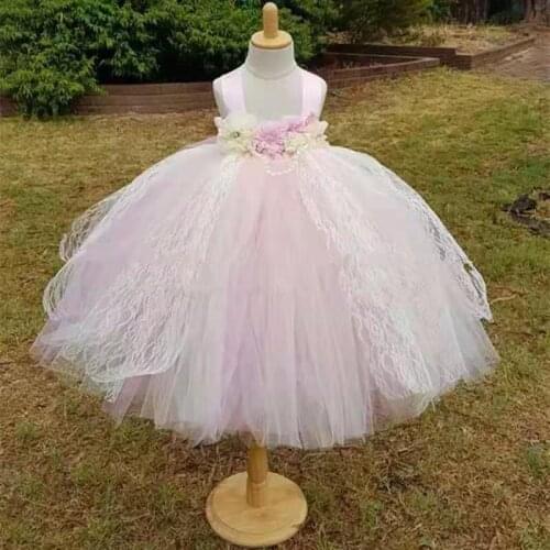 Pink Flower Girl Dress Princess Ball Gown Vintage Lace Tulle Flower Girl Tutu Dress Baby Girl Wedding Birthday Party Dress