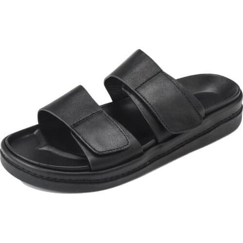 Mens Summer Fashion Thick Platform Beach Slippers Genuine Leather Sandals Hook Loop Indoor Footwear Slip On Casual Male Shoes