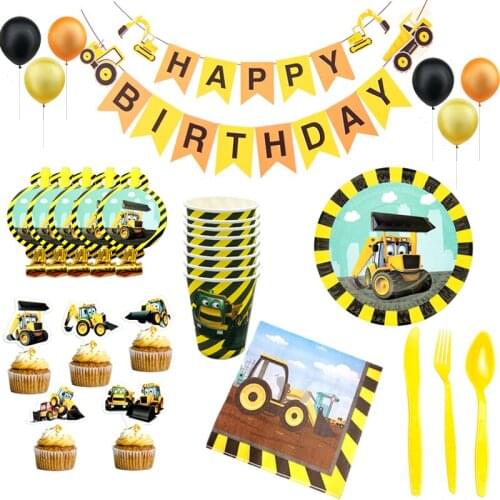 Construction Excavator Theme Plates Cup Straws Tablecloth Disposable Tableware Set Children Birthday Party Supply Decoration