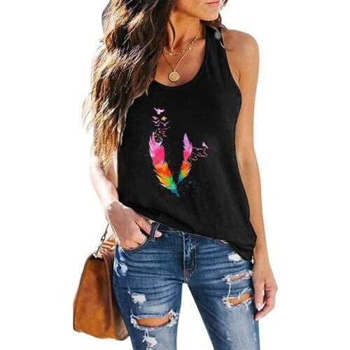 Summer Loose Haut Femme Tops Women Clothes Harajuku Plus Size Women Tnak Tops Color Feather Print Ladies Vest Sleeveless