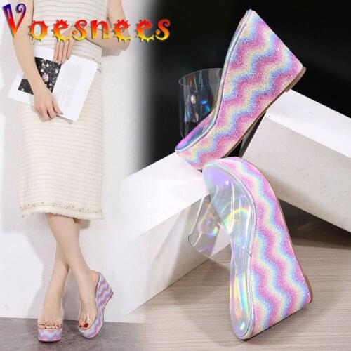 Voesnees Sexy PVC Transparent Women Slippers Summer Wear Shining Rainbow Waterproof Platform Sandals 10CM Wedges High Heel Shoes