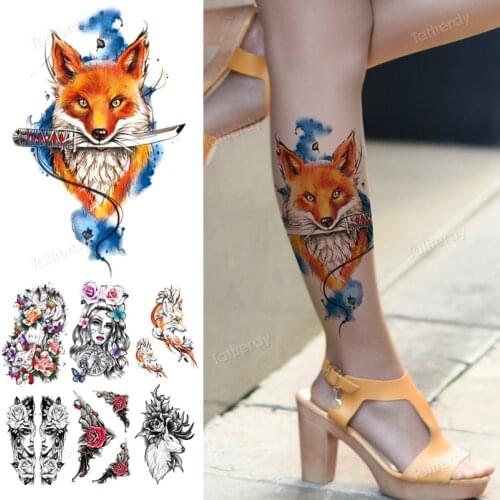 Fox Compass Knight Temporary Tattoos For Women Adults Realistic Rose Flower Tiger Lion Wolf Fake Tattoo Sticker Thigh Arm Tatoos