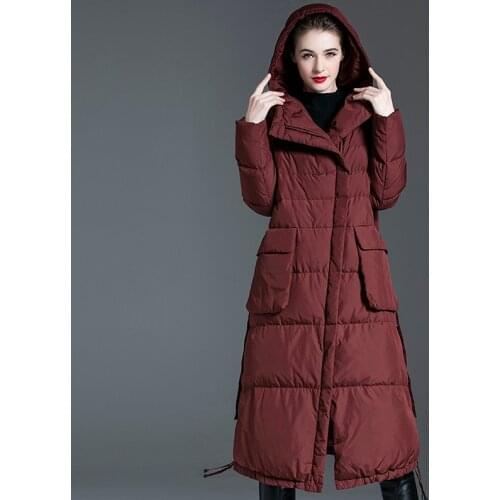 Down jacket hooded womens fashion mid-length 90% white duck down thickened warm winter waist slim down coat hooded women 20334