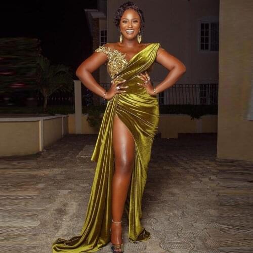 Velvet Aso Ebi Prom Dresses Cap Sleeves Lace Appliques Plus Size Evening Gowns Sheer High Side Split Cocktail Party Vestidos