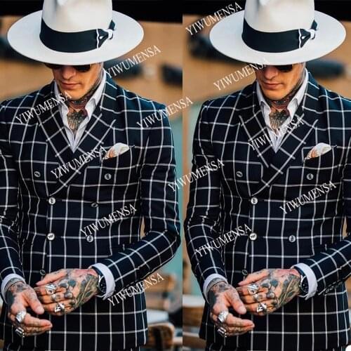 Double Breasted Mens Wedding Tuxedos Peaked Lapel Groom Wear Formal Dinner Prom Party Blazer Plaid Suits (Jacket+Pants) 2021