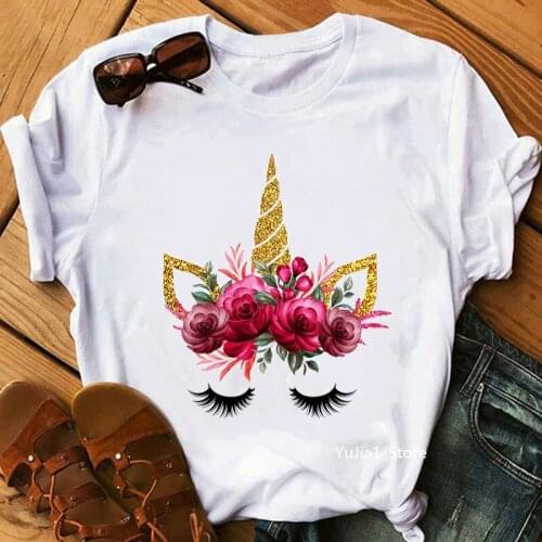 Golden Unicorn Red Rose Print T-Shirt Women/Girl Kawaii Clothes 2021 Funny Tshirt Femme Summer Fashion Tops Tee Shirt Female