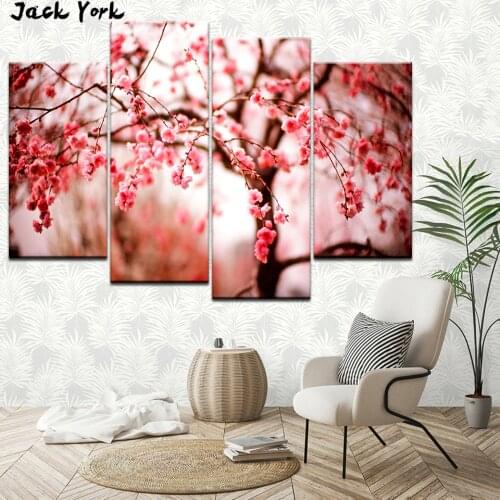 Canvas Painting HD Cherry Blossoms Trees Flowers 4 Pieces Wall Art Painting Modular Wallpapers Poster Print Home Decor