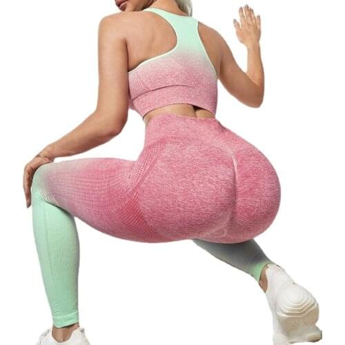 Gradient Workout Yoga Set Women Seamless Gym Sports Set Fitness High Waist Leggings Bra Suits Clothing Sport Set Women Fitness