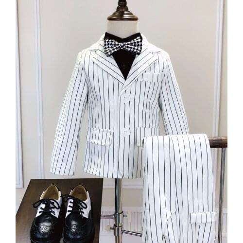 Boys Girls Striped Dress Suit Sets Formal Children British Style Piano Performance Wedding Costume Kids Blazer Pants 2pcs Outfit