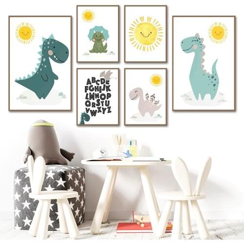 Cartoon Dinosaur Triceratops Tyrannosaurus Sun Wall Art Canvas Painting Nordic Posters And Prints Wall Pictures Child Room Decor